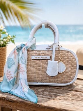 Anne Klein White Trim Natural Woven Satchel with Seafoam Scarf